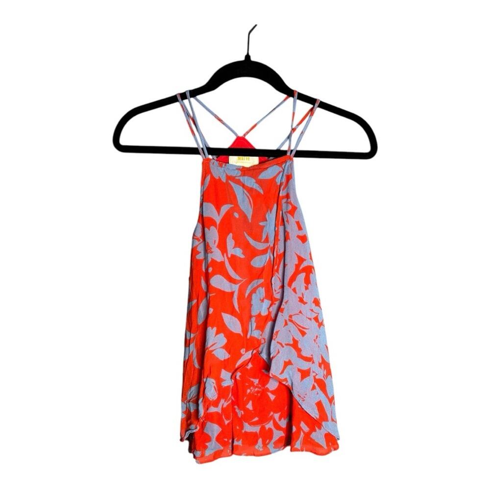 Maeve Red Gray Floral Halter Top With Criss Cross Straps XS
